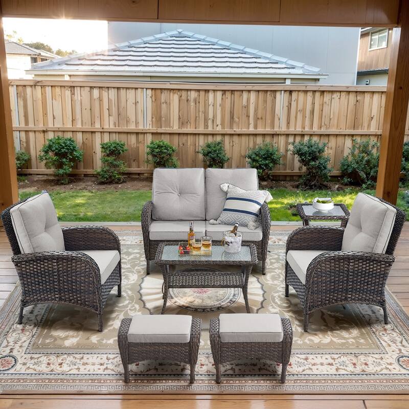 Pocassy Outdoor Loveseat Sofa with Table Funiture Set - Brown Wicker Beige Cushion - 7PCS Loveseat Sofa with Chairs Ottoman