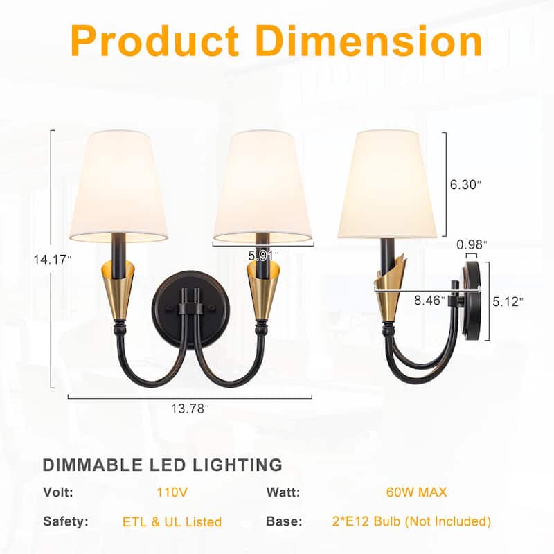 2-Light Matte Black & Gold Wall Sconce Traditional Fabric Shades