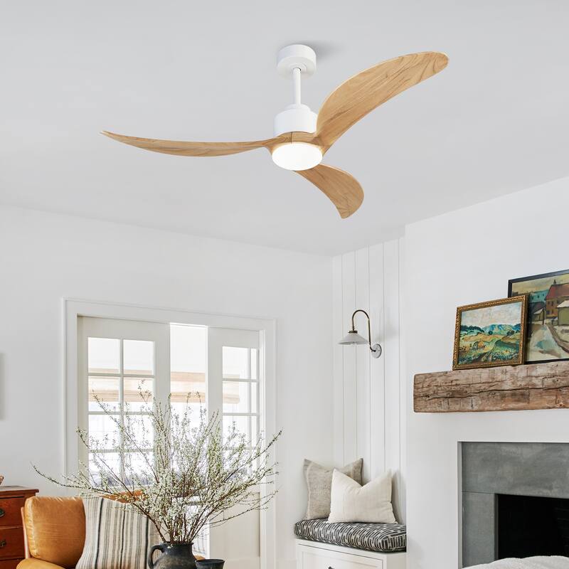 52" Ceiling Fan With Light Kit Dimmable LED,Wood Blades,Remote Control for Patio Living Room, Bedroom, Office,Indoor - 52 Inches - White with Wood
