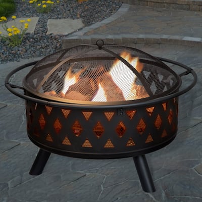 Pure Garden Wood Burning 32-inch Round Crossweave Outdoor Firepit Set - 32 x 32 x 24