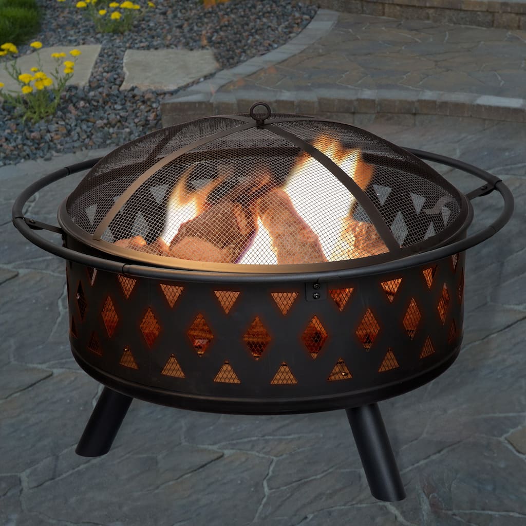 Pure Garden Wood Burning 32-inch Round Crossweave Outdoor Firepit Set - 32 x 32 x 24