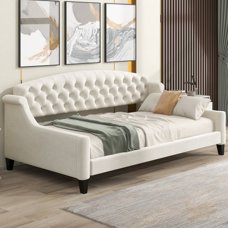 Luxury Velvet Living Room Daybed, Wooden Platform Sofa Bed with Tufted Button Backrest