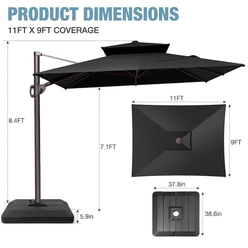 VredHom 9X11FT 360 Degree Rotation Patio Cantilever Umbrella with Base