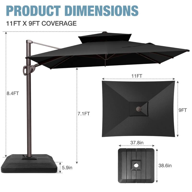 VredHom 9x11 FT Rectangular Outdoor Patio Double Top Cantilever Umbrella with Weight Base