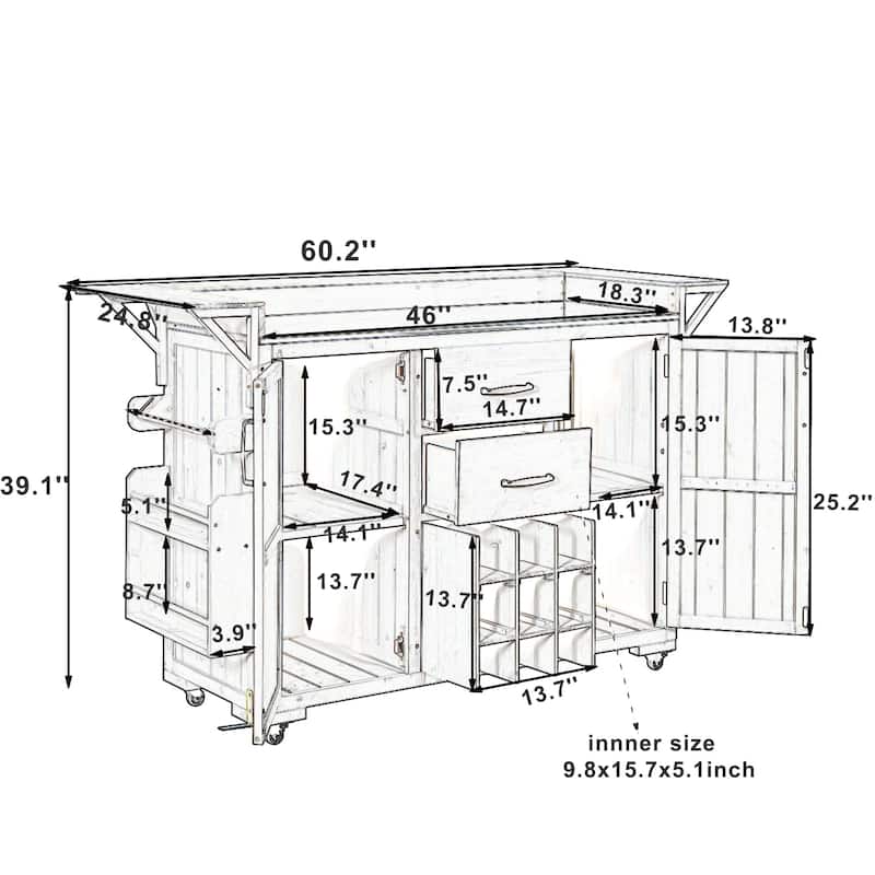 60" Rolling Outdoor Kitchen Island with Stainless Steel Top, Wood BBQ Prep Cart with Wine Rack & Drawers