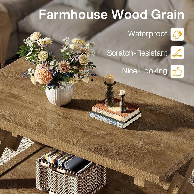 2-Tier Coffee Center Table, 47.24-Inch Farmhouse Rectangle Tea Cocktail Table with Open Storage Shelves