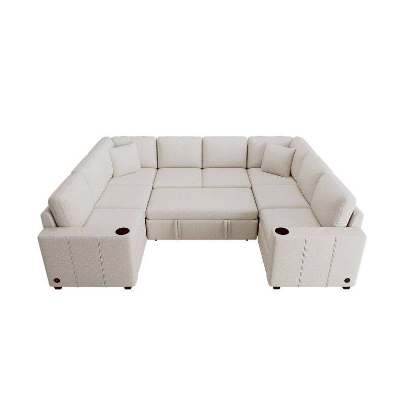 Convertible Sectional Sofa with Pull-out Sofa Bed and Dual Cup Holders