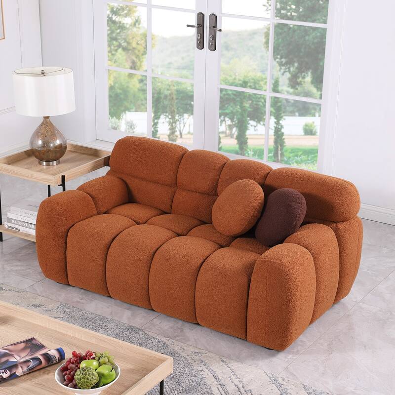 65"x36"x28" Light Brown Boucle 2-Seater Marshmallow Sofa with Two Pillows