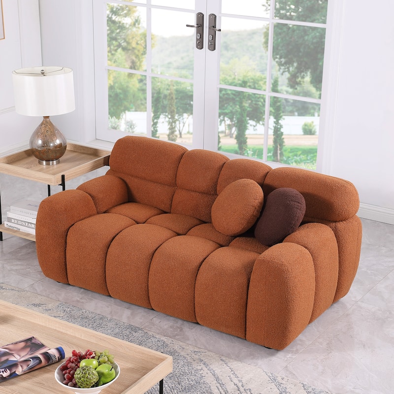 Ergonomics Loveseat Sofa Marshmallow Sofa with Deep Seating and Pillows, Light Brown Boucle Fabric 2 Seater Lounge Couch