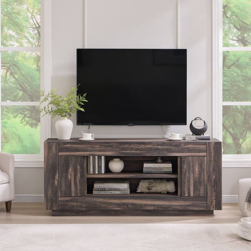 Modern TV Stand, Entertainment Center for TVs Up to 80", Thick Wood - Black