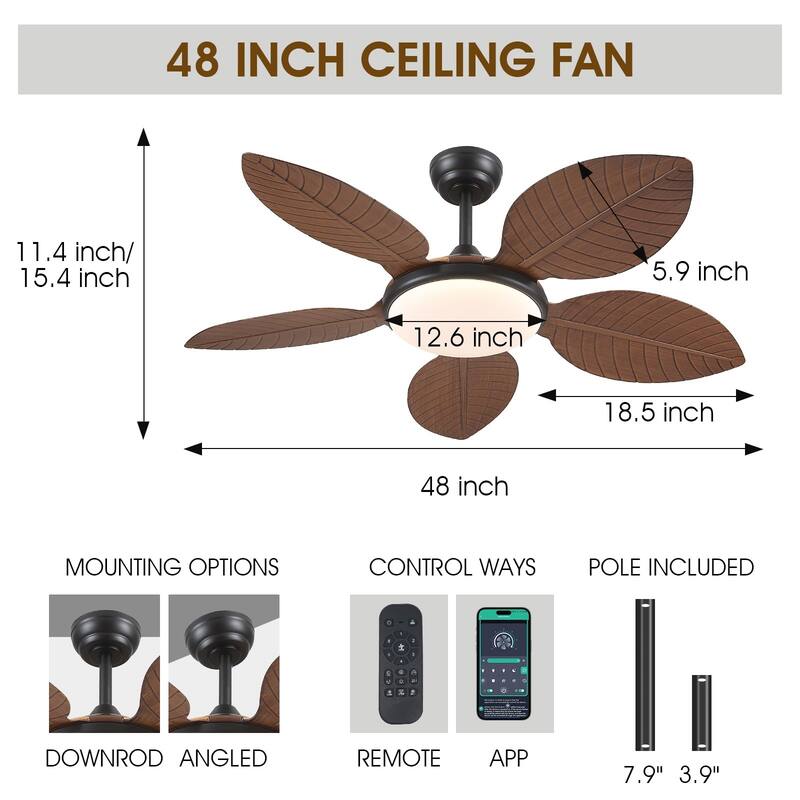 48" Downrod Ceiling Fan with Light,Palm Leaf Blades,Tropical Ceiling Fan for Living Room,Bedroom,Patio - 48 Inches
