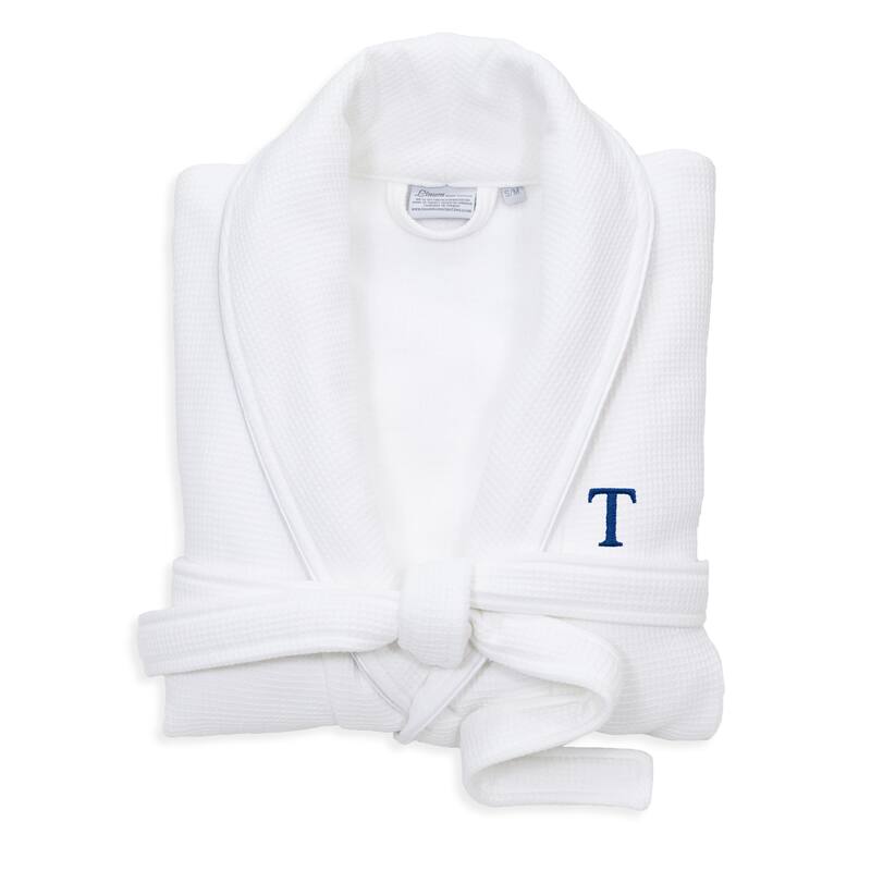 Authentic Hotel and Spa White Unisex Turkish Cotton Waffle Weave Terry Bath Robe with Navy Block Monogram - S/M - T