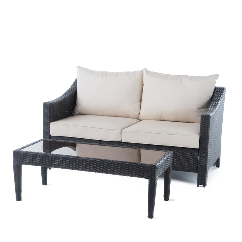Antibes Outdoor Wicker Loveseat and Coffee Table with Cushions by Christopher Knight Home