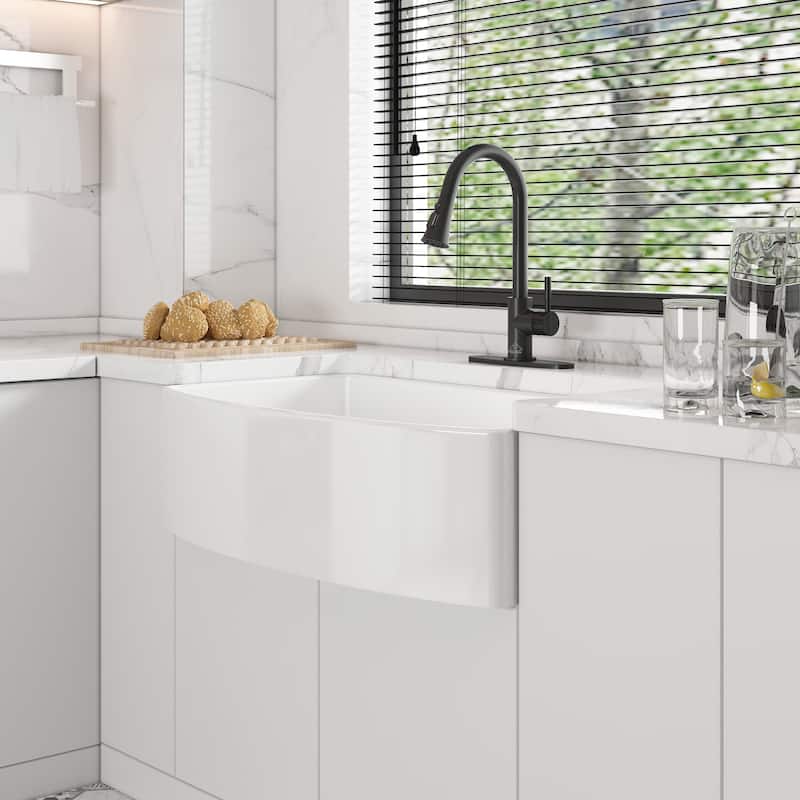 All-in-One Curved Design Single Bowl Farmhouse/Apron-Front Fireclay Kitchen Sink with Pull Down Kitchen Faucet and Accessories