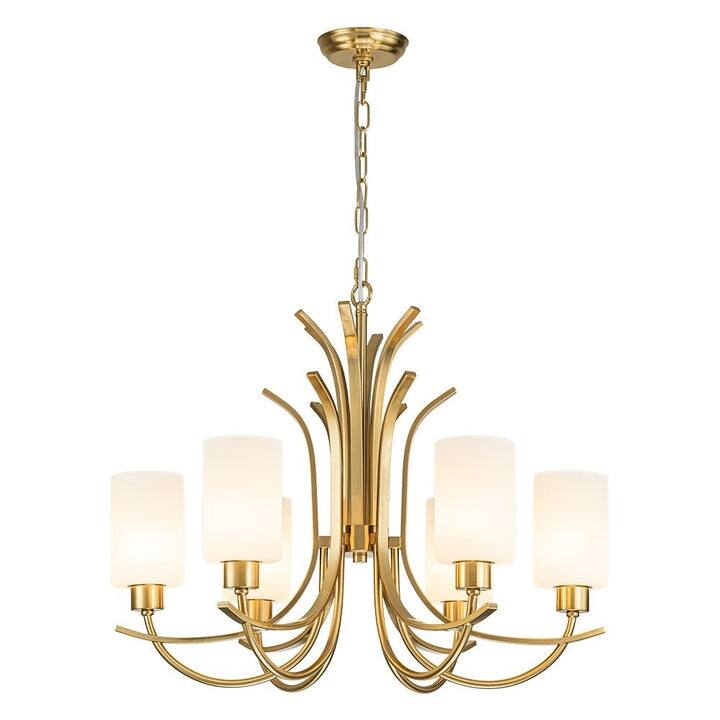 Mid-century Brass 6-Light Cylinder Milk Glass Chandelier