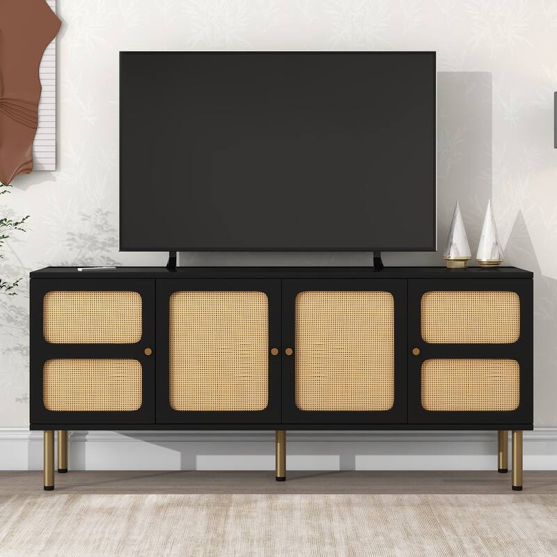 Boho Country Style Wood Rattan TV Stand Media Console Storage Cabinet - 16.90 x 64.90 x 28.30