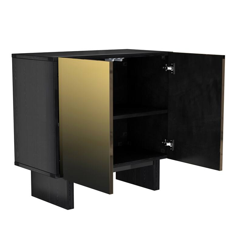 Modern Matte Black 2 Door Accent Cabinet with Gold Wire Mesh - Black