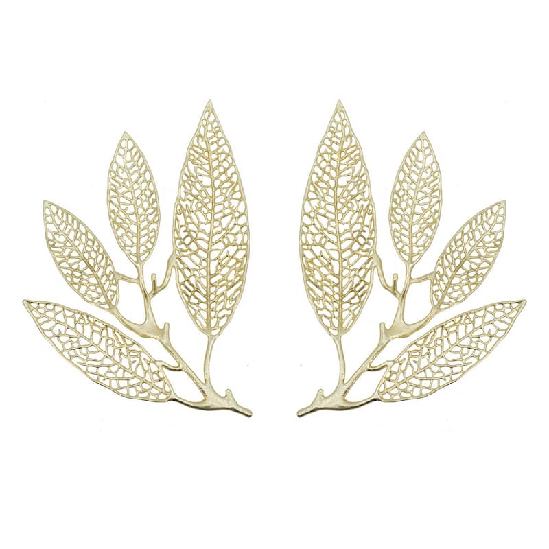 18 Inch Set of 2 Wall Art Decor Pieces, Leaf Design, Modern Gold Finish