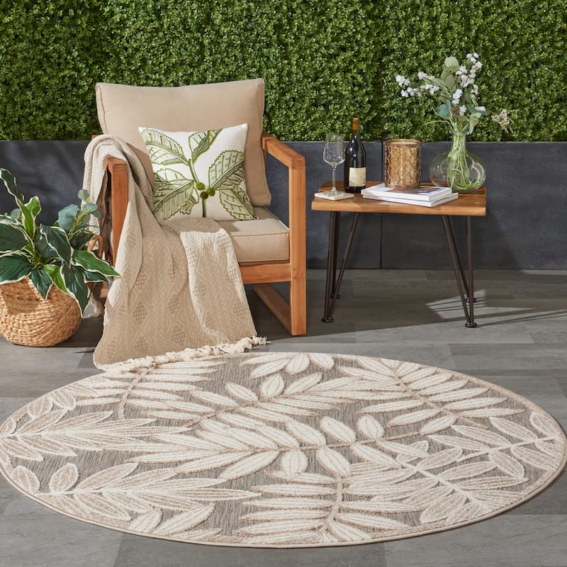 Nourison Aloha Leaf Print Vibrant Indoor/Outdoor Area Rug - 4' Round - Natural