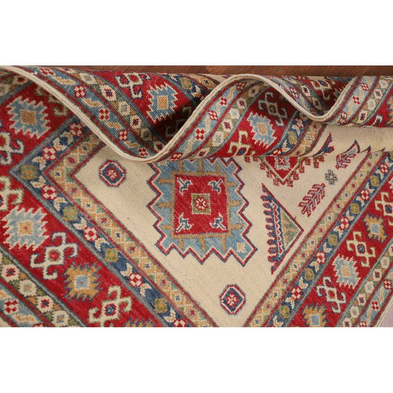 Beige / Ivory Kazak Accent Rug Hand-Knotted Geometric Wool Carpet - 3'11" x 4'11"