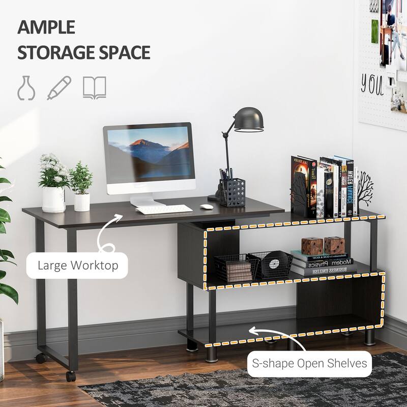 HOMCOM Mobile L-Shaped Rotating Computer Desk with Storage Shelves Moveable Rolling Writing Table