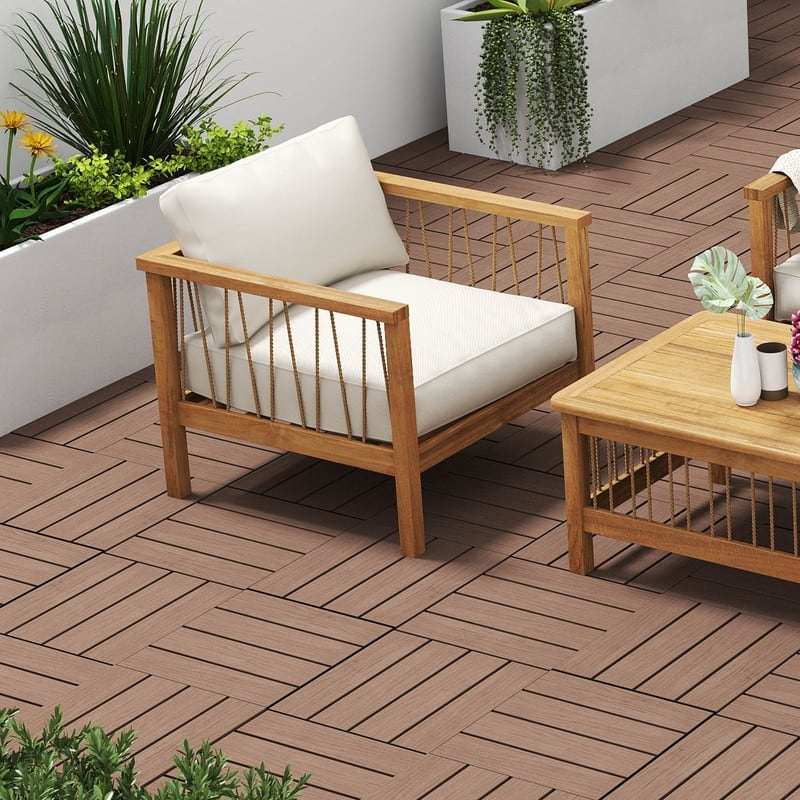 Domi 12" x 12" HDPE Plastic Resin Interlocking Deck Tiles, Waterproof Outdoor Patio Flooring with Drainage Design - 9-Piece - Brown