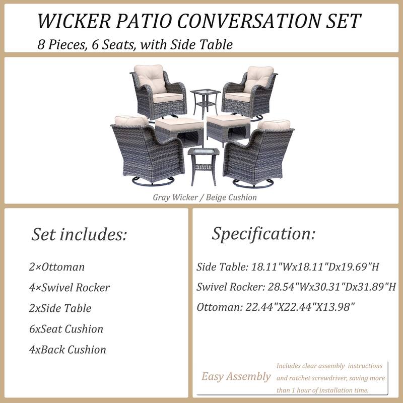 8 Piece Wicker Patio Swivel Outdoor Rocking Chair Set with Ottoman