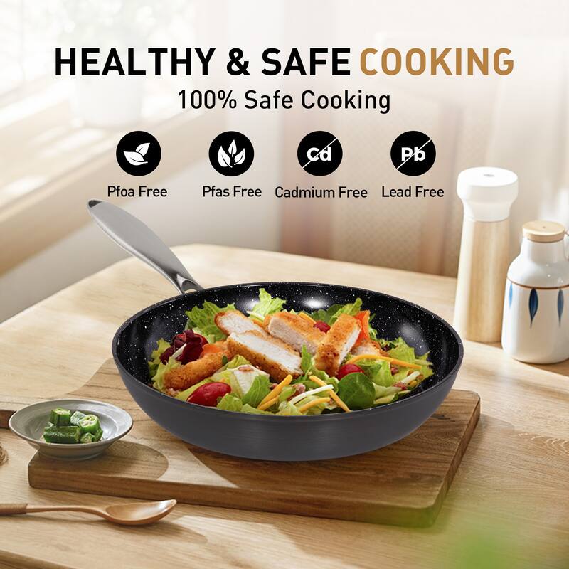 2/3-Piece Black Hard Anodized Non-Stick Fry Pan Set, Safe and Wear-Resistant Ceramic Coating with Stainless Steel Handle