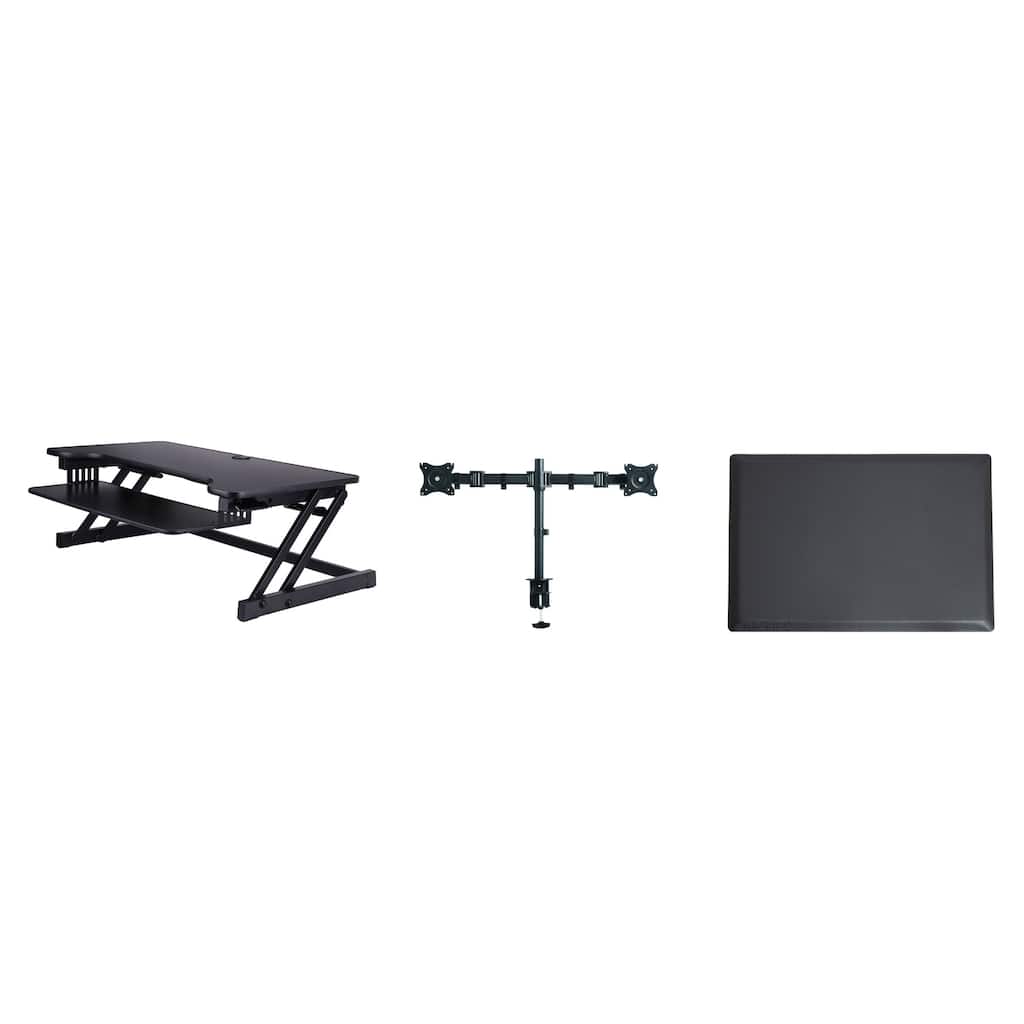 Rocelco 37.5 in. W Black Height Adjustable Standing Desk Converter with Dual Monitor Mount, Anti Fatigue Mat and Black Finish