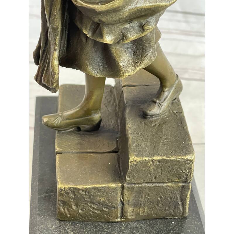 Farmer Girl Carrying Basket Of Fruits Bronze Statue Sculpture 15.5 Inches X 6 Inches