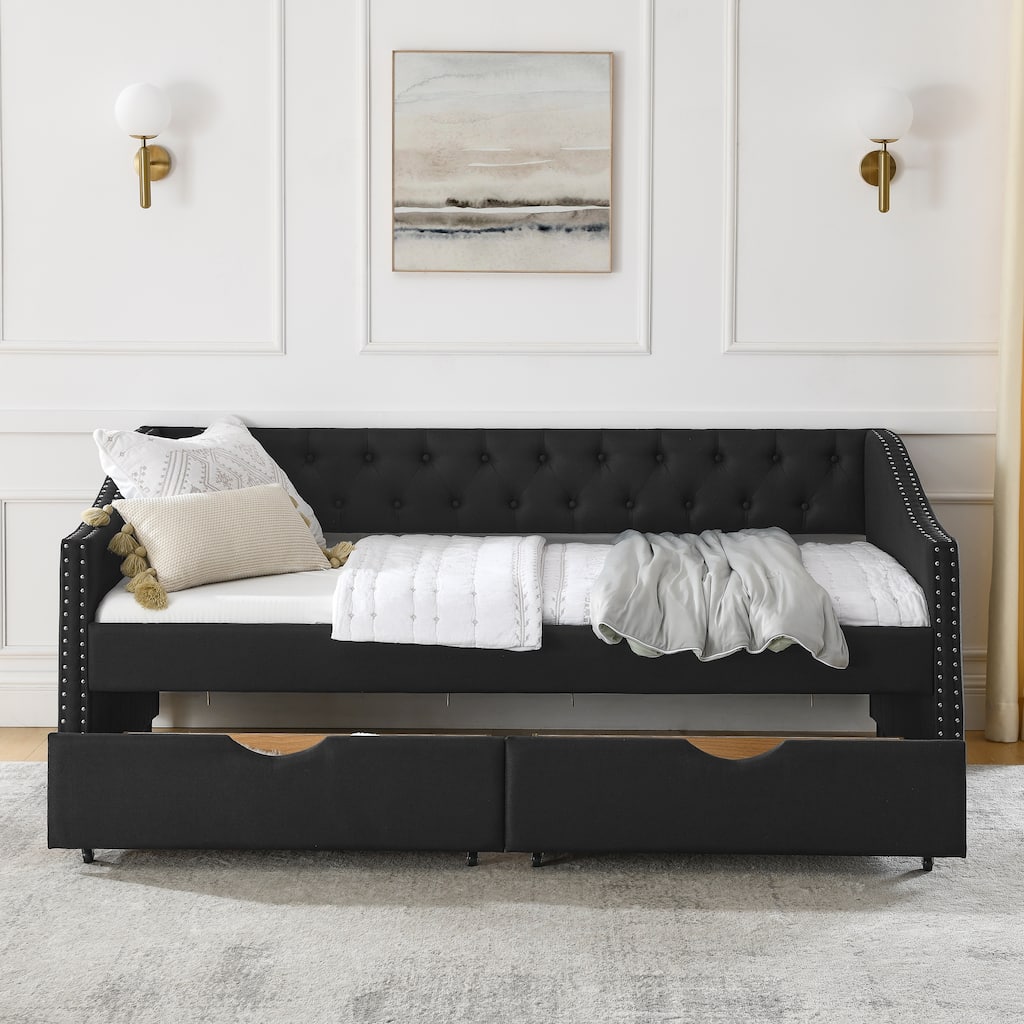 Button Tufted Daybed Twin Size Upholstered Sofa Bed with 2 Drawers