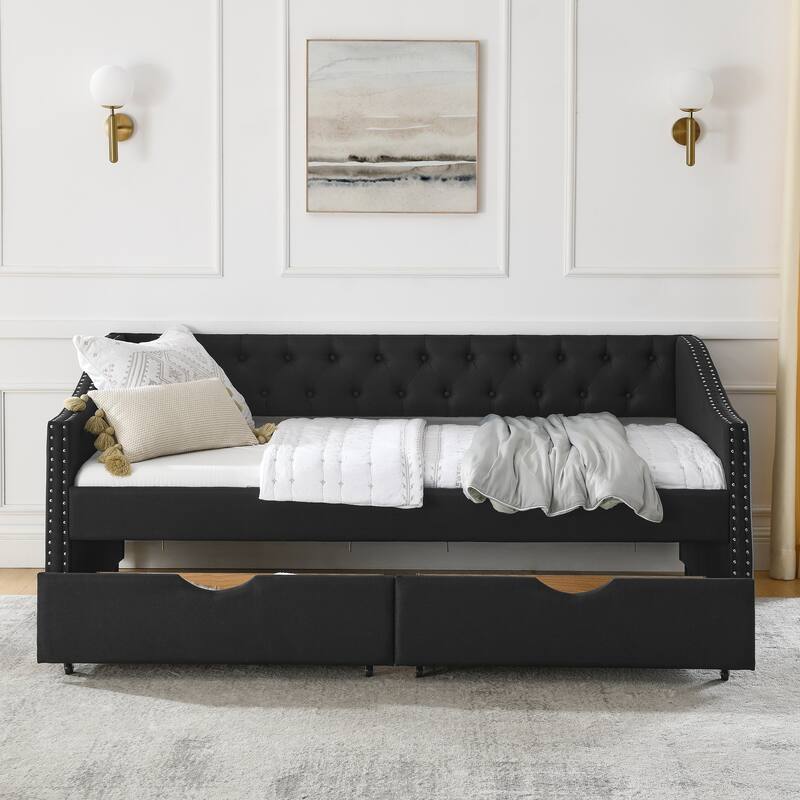 Roomfitters Twin/Full/Queen Upholstered Daybed with Tufted Backrest, Nailhead Trim and Underbed Storage Trundle
