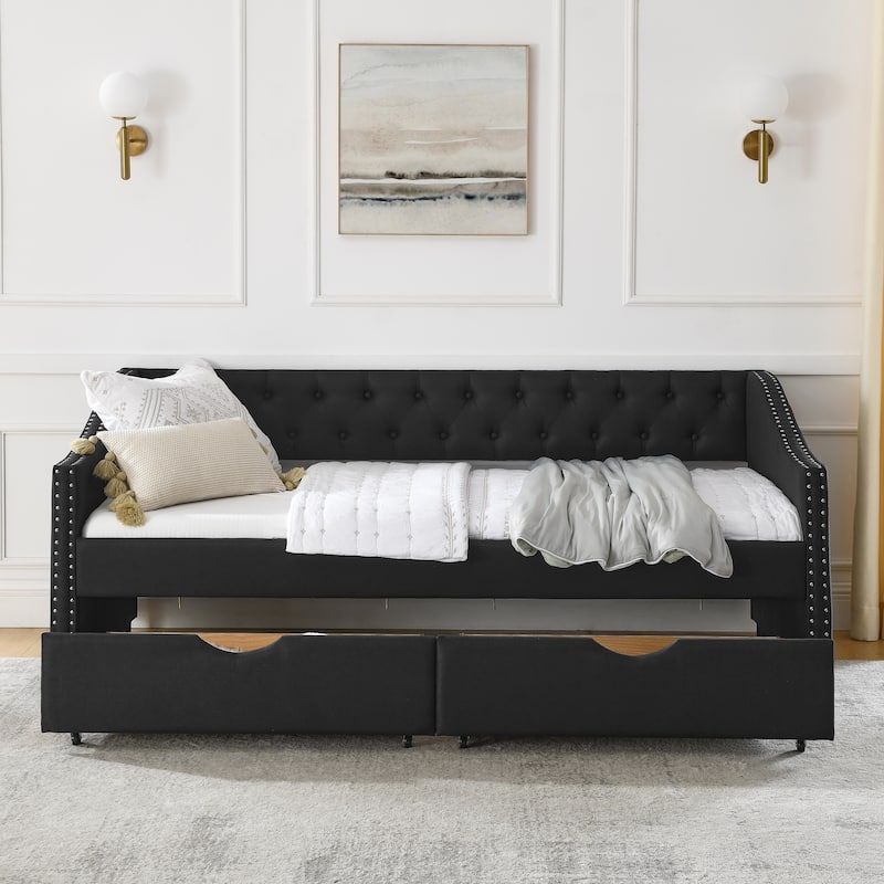 Tufted Button Daybed with 2 Storage Drawers/Upholstered Sofa Bed Frame w/Copper Nail on Waved Shape Armrests/No Spring Box Need