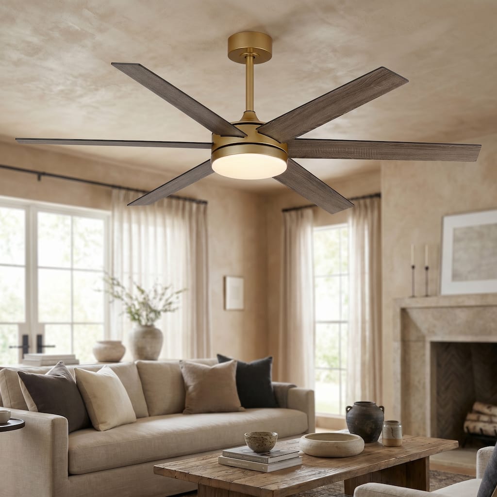 60" Transitional Brass Reversible Blades Smart Ceiling Fan with Dimmable LED Light and Remote