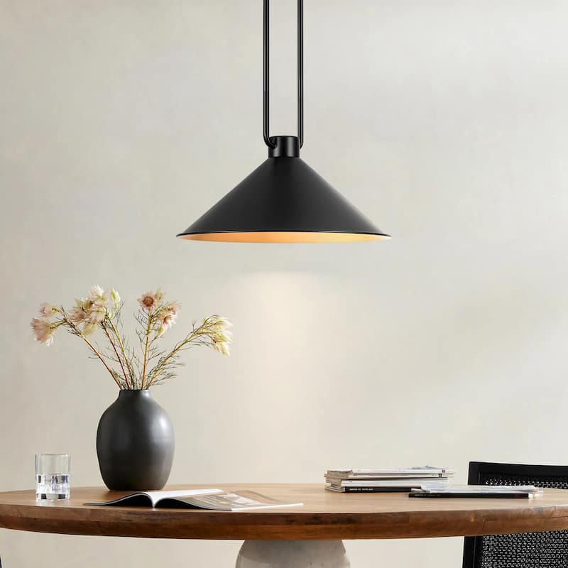 1-Light Vintage Industrial Black and Gold Interior Metal Cone Pendant Light with Adjustable Rods - 15.75 in. W x 7.48 in. H