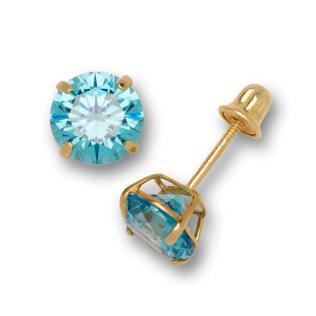 14K Yellow Gold 6mm Round Cubic Zircornia Birthstone Basket-Set Solitaire Screw-back Stud Earrings (12 colors)