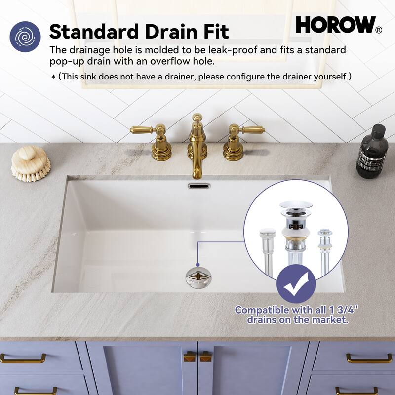 HOROW 27.5 in Rectangle Undermount Bathroom Sink in White with Overflow Drain