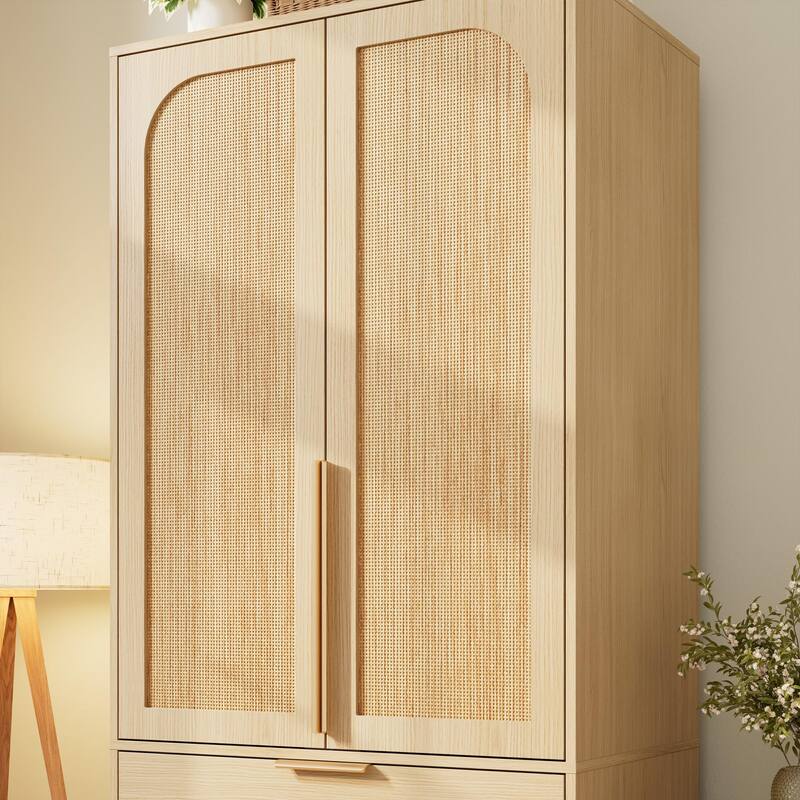 69.5" Armoire Wardrobe Closet with Rattan Doors, 3 Drawers & Hanging Rod, Wooden Storage Cabinet for Bedroom