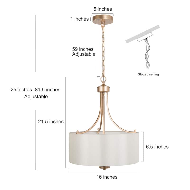 Mid-Century Modern Gold Drum 4-Light Chandelier with Fabric Shade - 16"Dx21.5"H