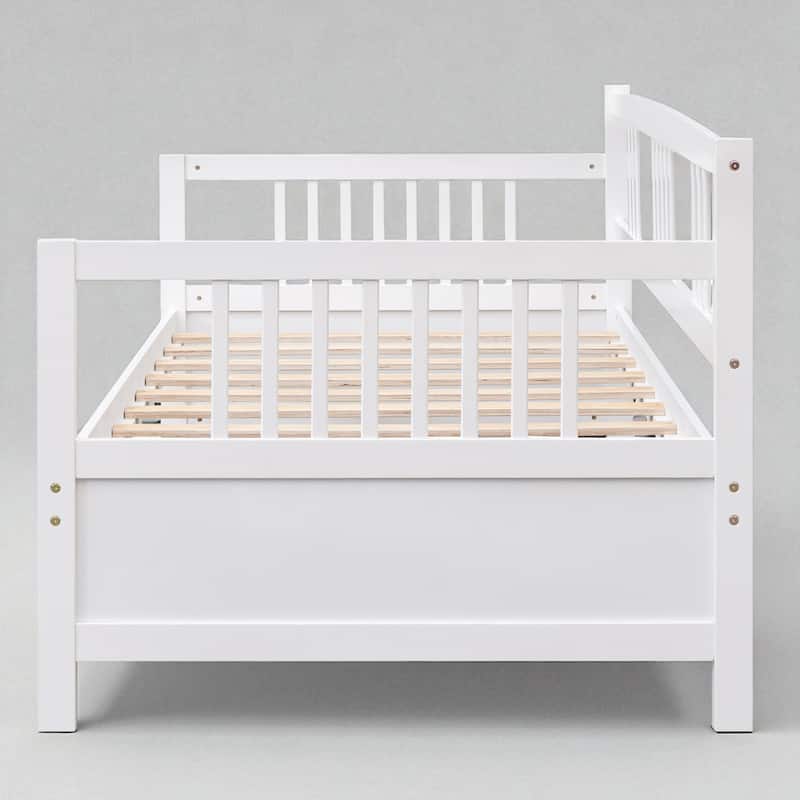 Modern Twin Size Solid Wood Daybed with 3-Sided Rail, Vintage Style Frame with Slats, Multifunctional Sofa Bed