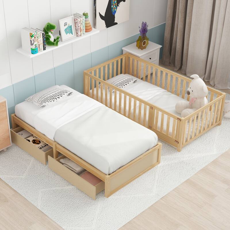 Solid Wood Daybed with Fence Guardrails and 2 Drawers, Split into Independent for Bedroom