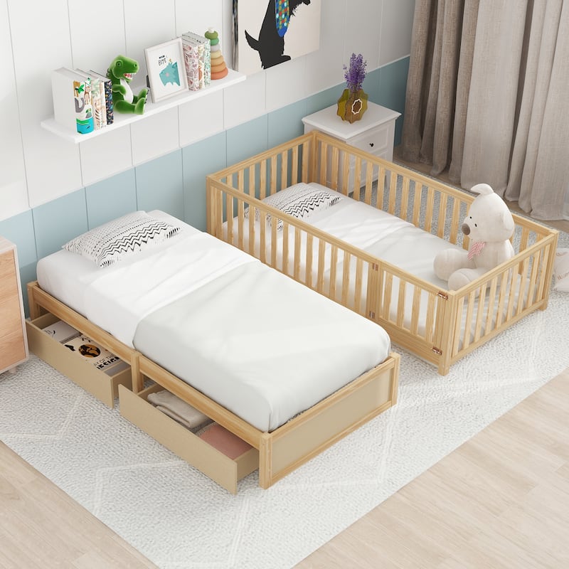 Wood Daybed with Fence Guardrails and 2 Drawers