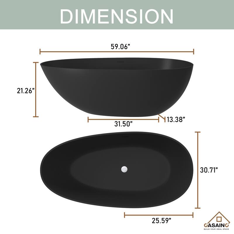 59" Solid Surface Freestanding Bathtub in Matte Black/Grey