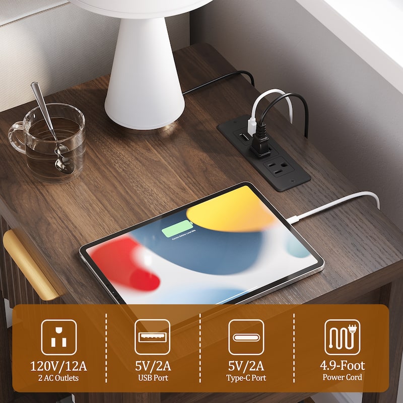 Nightstand with Drawers Fluted Bedside Table with Charging Station