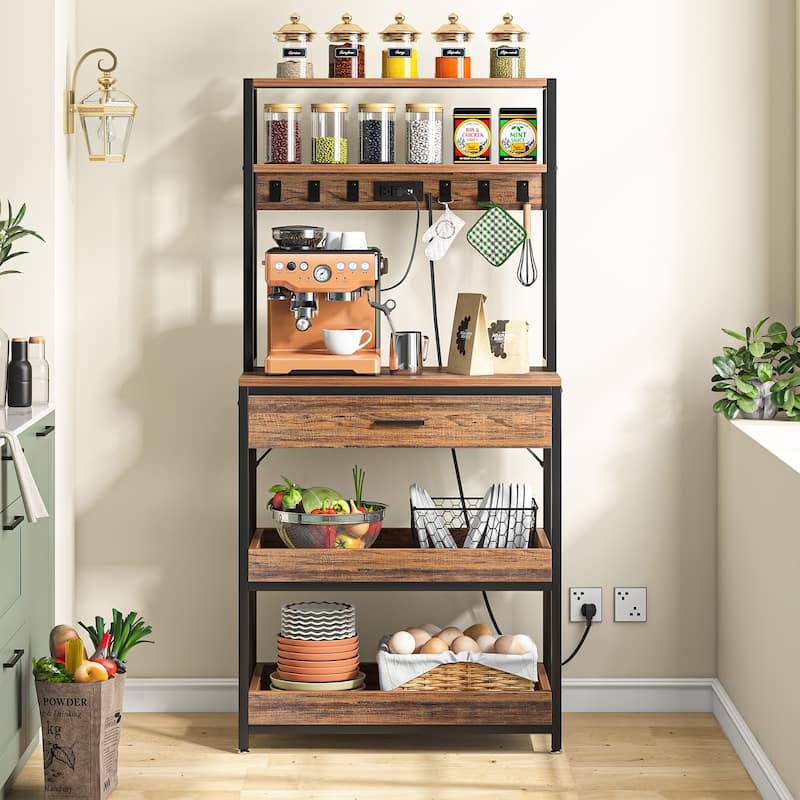 5-Tier Kitchen Bakers Rack with 4 Power & USB Outlets, Microwave Stand with Drawers and Shelves