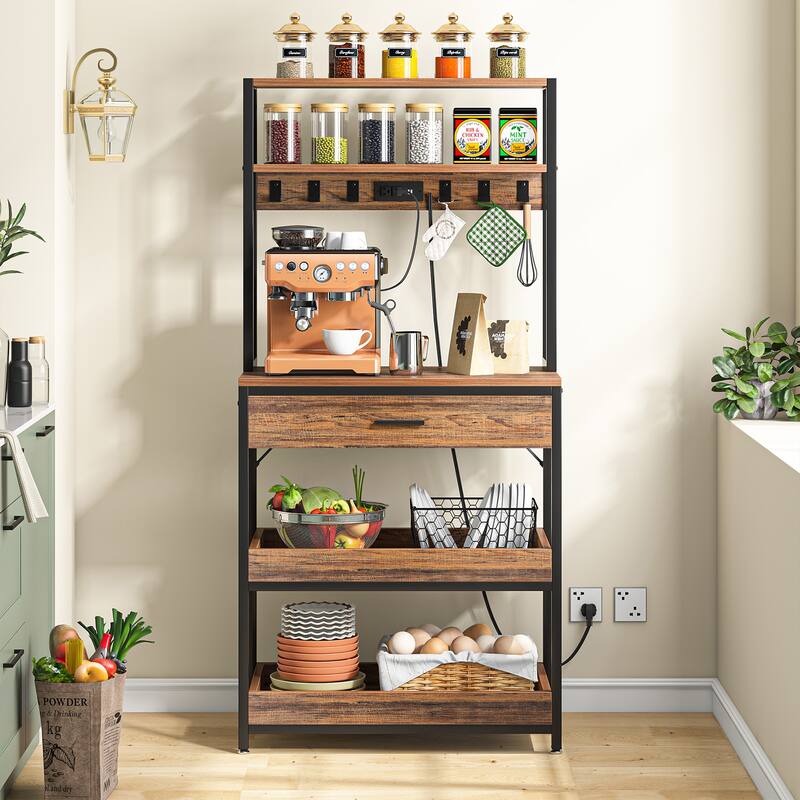 5-Tier Kitchen Bakers Rack with 4 Power & USB Outlets, Microwave Stand with Drawers and Shelves