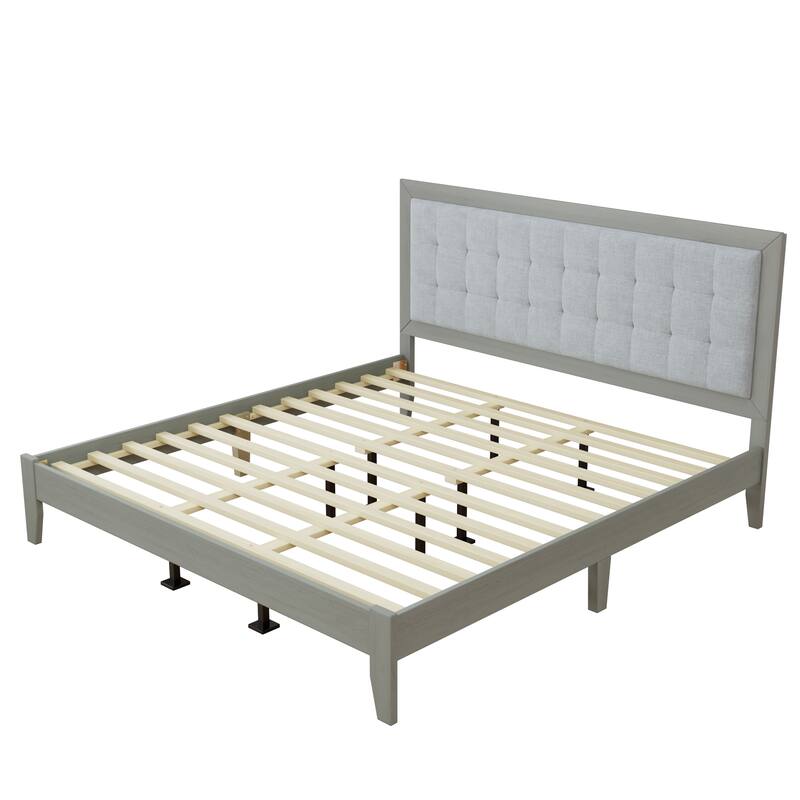 Roomfitters Solid Wood Platform Bed Frame, Mid-Century Upholstered Foundation with Tufted Headboard and Slats, Grey - King