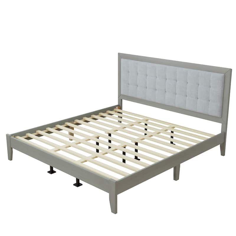 Solid Wood Platform King Bed with Upholstered Headboard, Mid-Century Modern Design