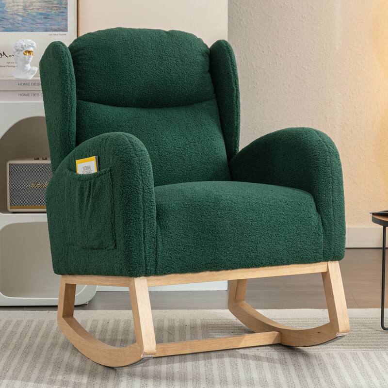 Glider Rocking Chair with Wing Back, Teddy Leisure Chair with Wood Legs, Upholstered Rocker Chair with Side Pocket - Green