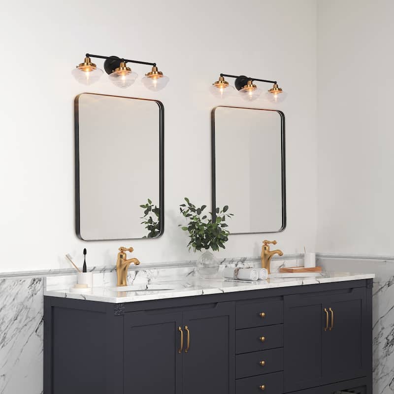 Rumar Modern 3-Light Black Gold Bathroom Vanity Light Dimmable Wall Sconces with Schoolhouse Glass - 22.8'' L x 8.3'' W x 9'' H